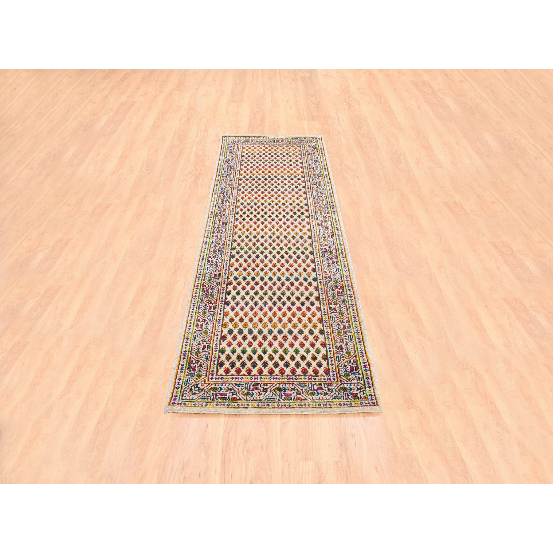 2'7"x8'1" Colorful Wool And Sari Silk Sarouk Mir Inspired With Repetitive Boteh Design Hand Woven Oriental Runner Rug 