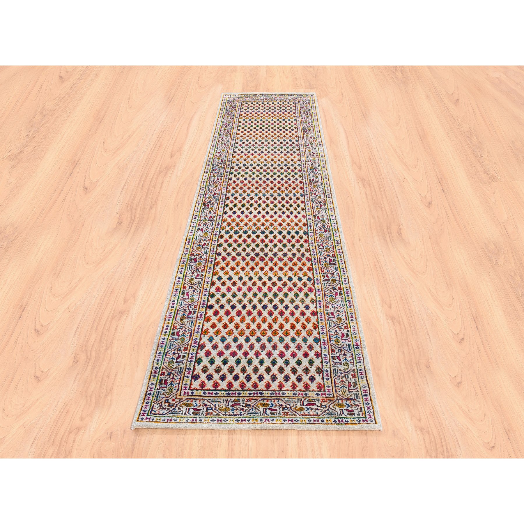 2'4"x10'2" Colorful Wool And Sari Silk Sarouk Mir Inspired With Repetitive Boteh Design Hand Woven Oriental Runner Rug 