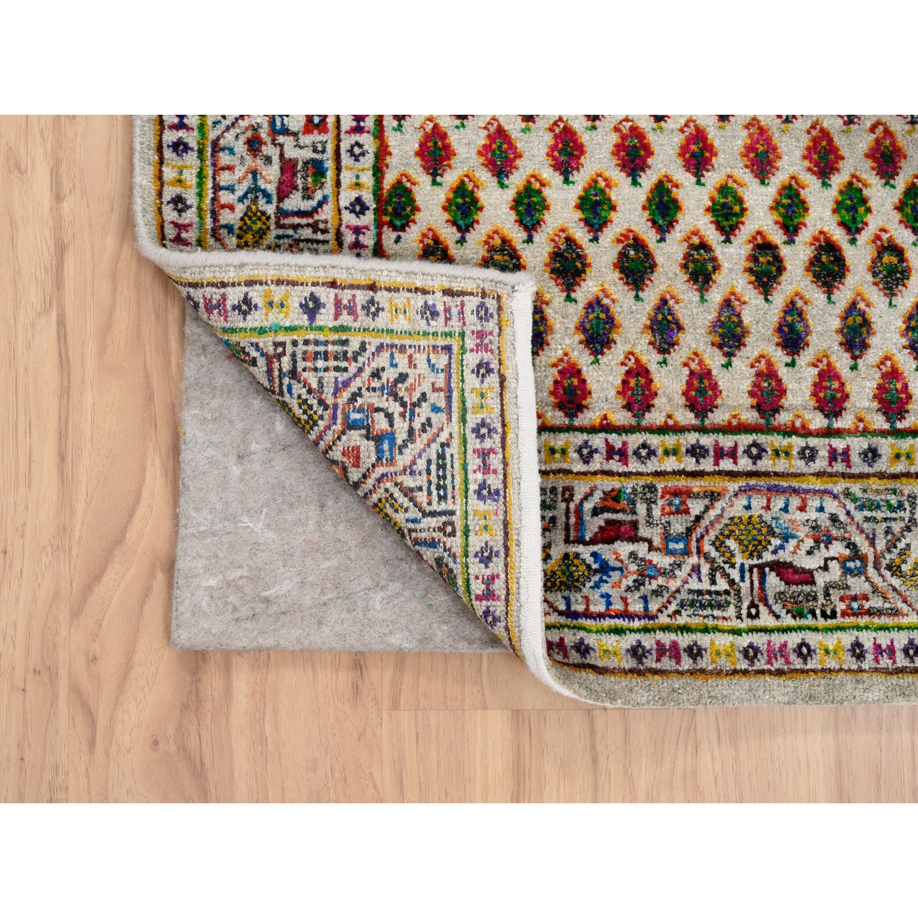 2'5"x12' Beige Sarouk Mir Inspired With Repetitive Boteh Design Colorful Wool And Sari Silk Hand Woven Oriental Runner Rug 