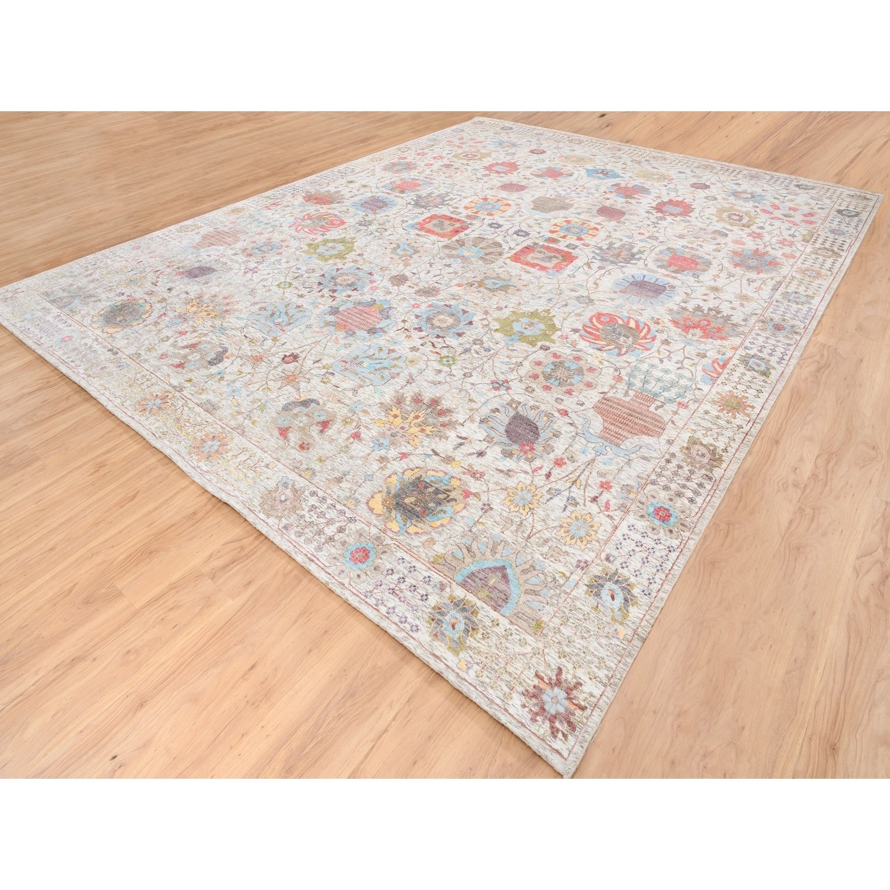 11'9"x15' Ivory Tabriz Vase With Flower Design Colorful Silk With Textured Wool Hand Woven Oriental Oversized Rug 