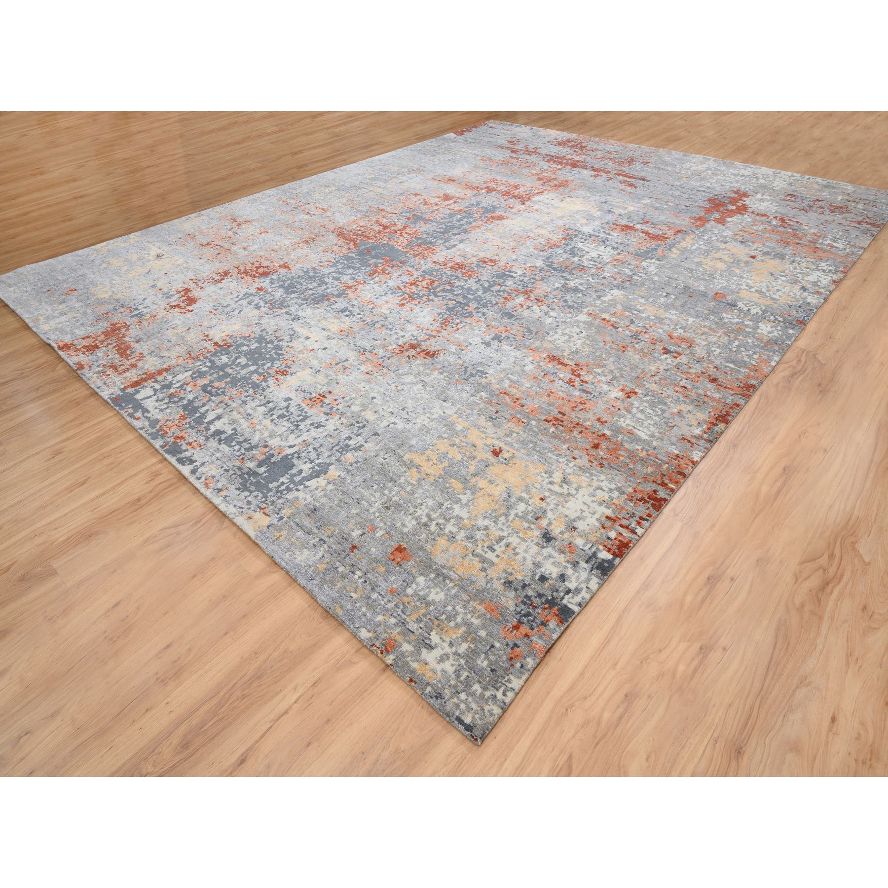 12'x15'3" Gray, Densely Woven Wool and Silk Hand Woven, Modern Abstract Design Thick and Plush, Oversized Oriental Rug 