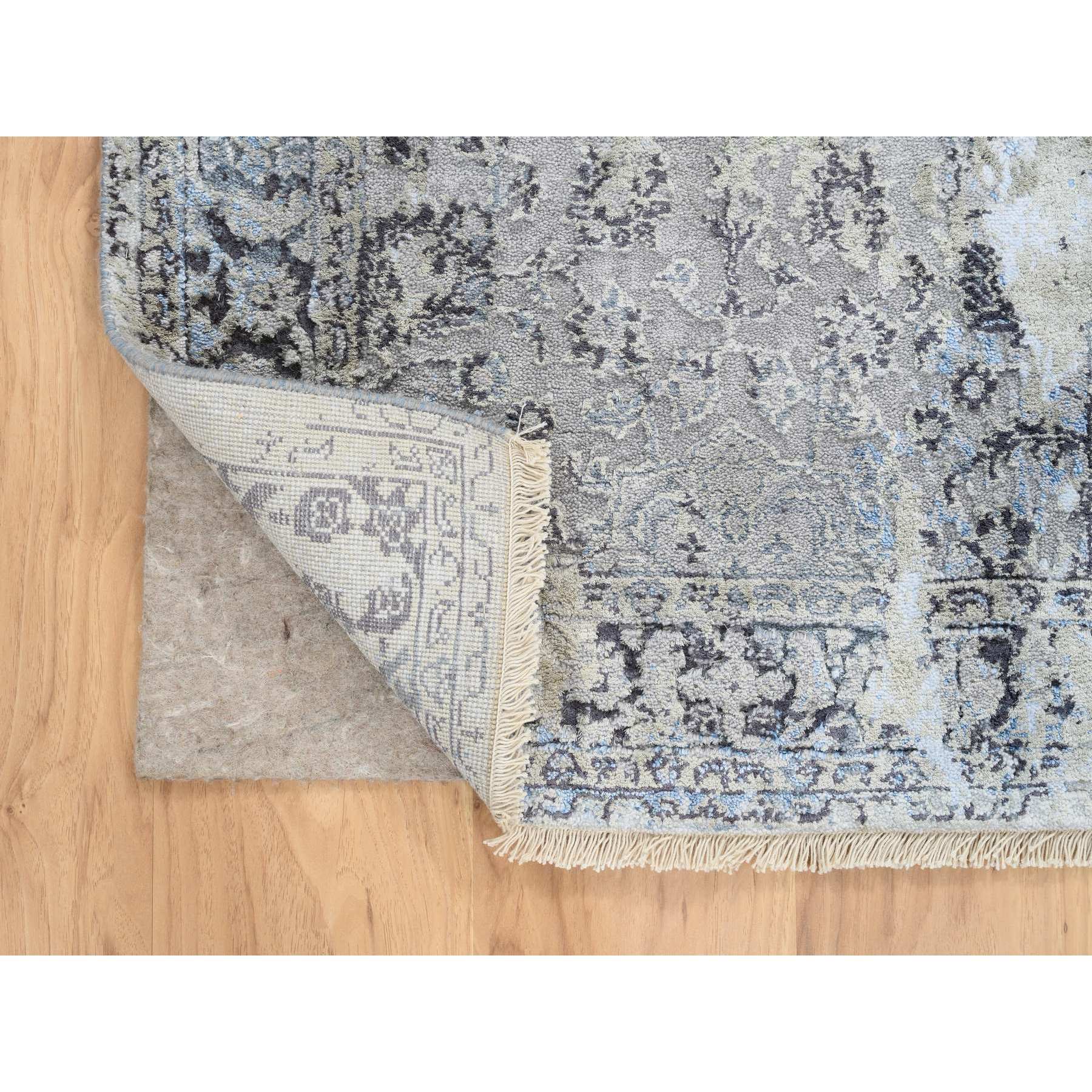 2'6"x6'1" Gray and Blue, Hand Woven Broken Kashan Design, Wool With Pure Silk, Runner Oriental Rug 