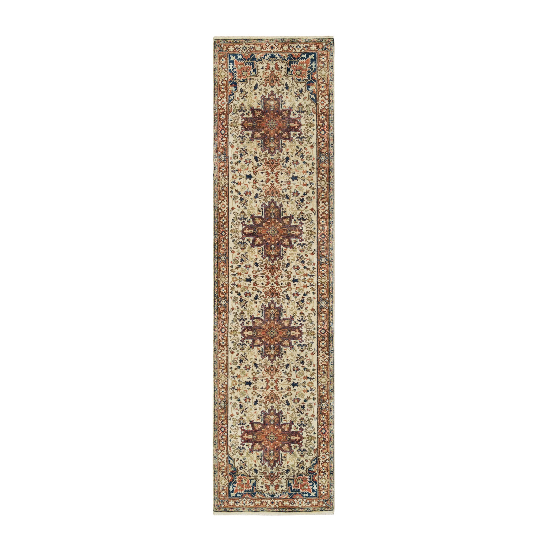 2'7"x10'3" Beige, Antiqued Heriz Re-Creation with Geometric Medallions, Extra Soft Wool, Hand Woven, Runner Oriental Rug 