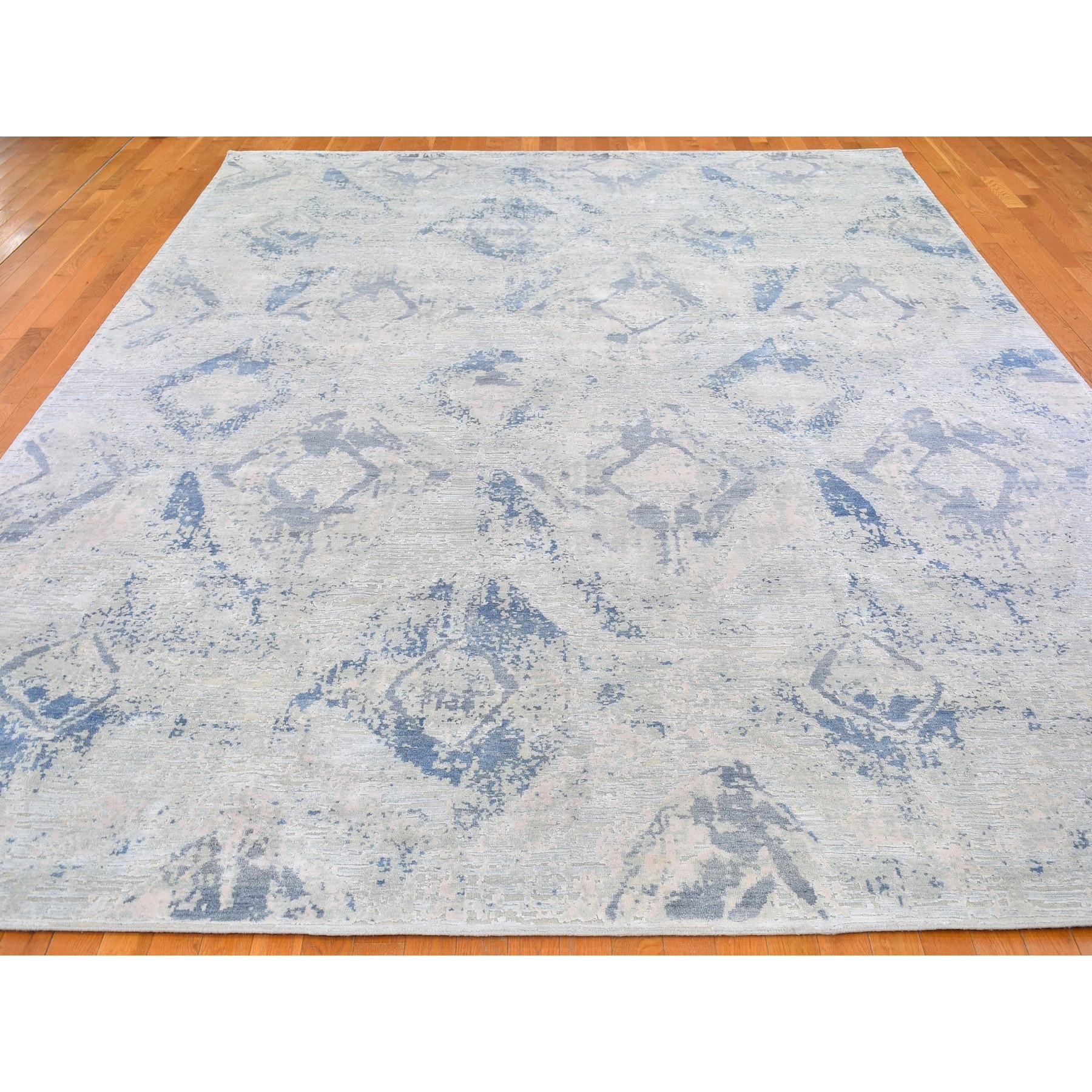 10'x14'3" Ivory Large Elements with Pastels Modern Silk with Textured Wool Hand Woven Oriental Rug 