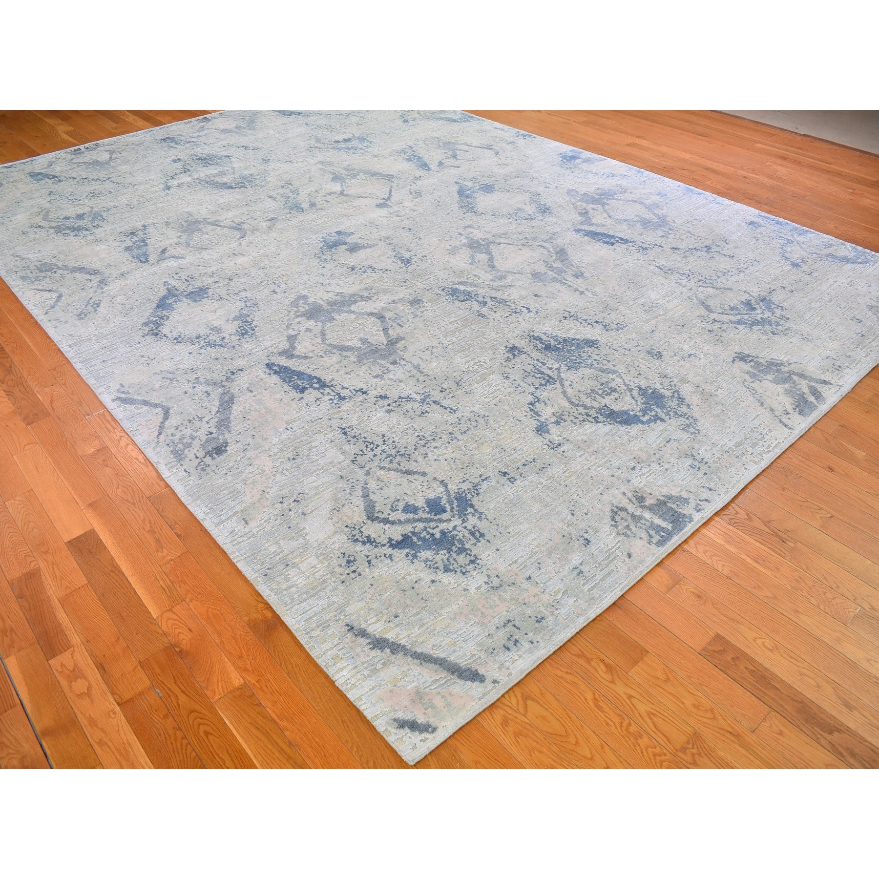 10'x14'3" Ivory Large Elements with Pastels Modern Silk with Textured Wool Hand Woven Oriental Rug 