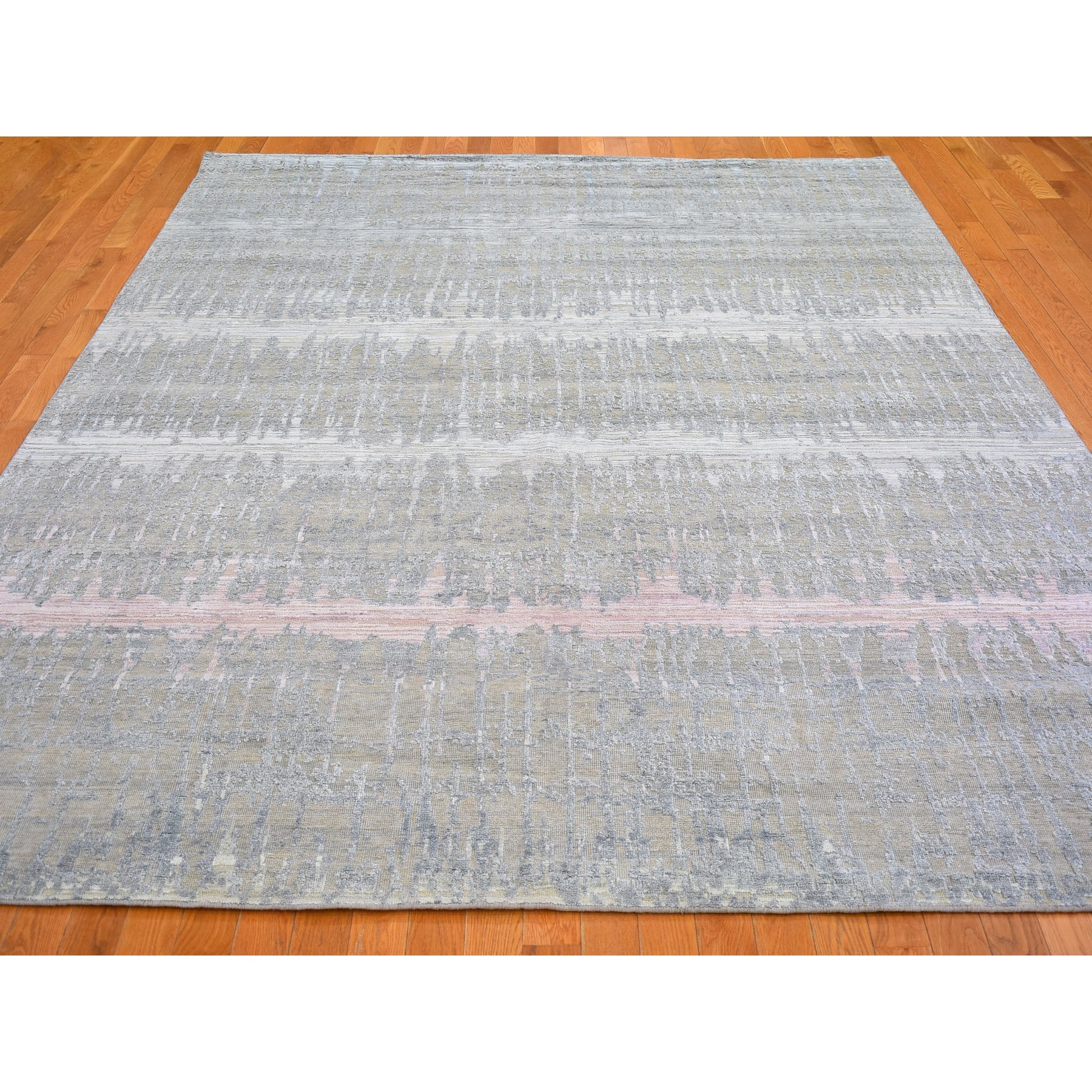 8'x10'3" Hand Woven Cardiac Design with Pastel Colors Textured Wool and Pure Silk Oriental Rug 