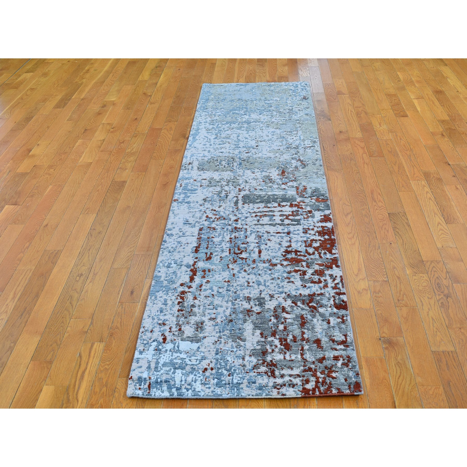 2'6"x10'2" Light Blue Abstract Design Wool and Silk Denser Weave Hand Woven Runner Oriental Rug 