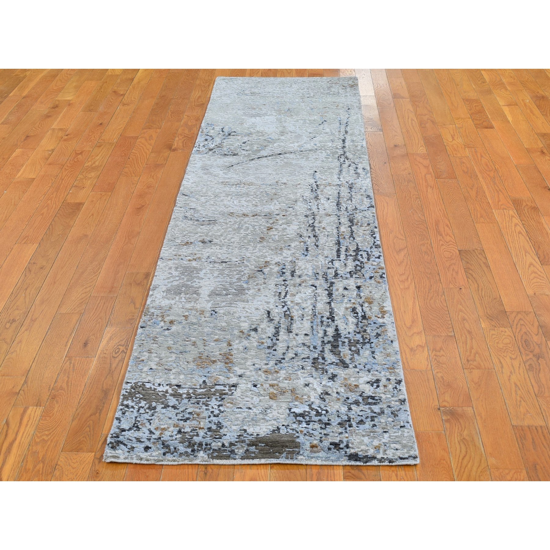 2'5"x10'2" Gray Persian Knot with Abstract Design Wool and Silk Denser Weave Hand Woven Runner Oriental Rug 