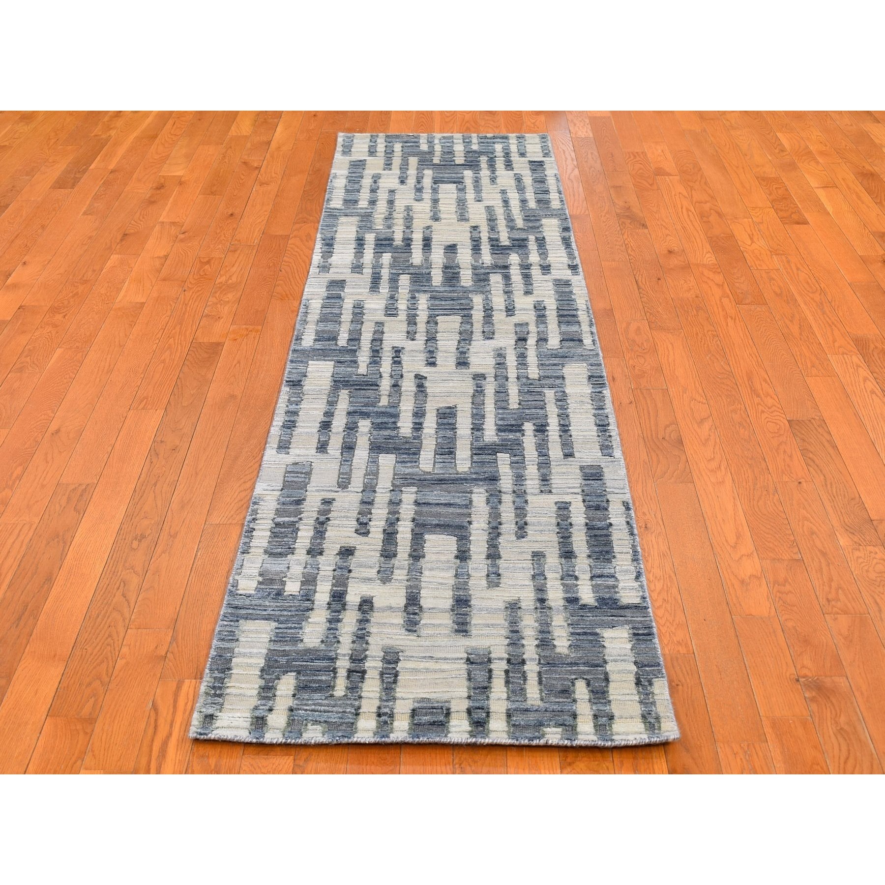 2'6"x10'3" Blue Pure Silk and Textured Wool Wide Runner Zigzag with Graph Design Hand Woven Oriental Rug 