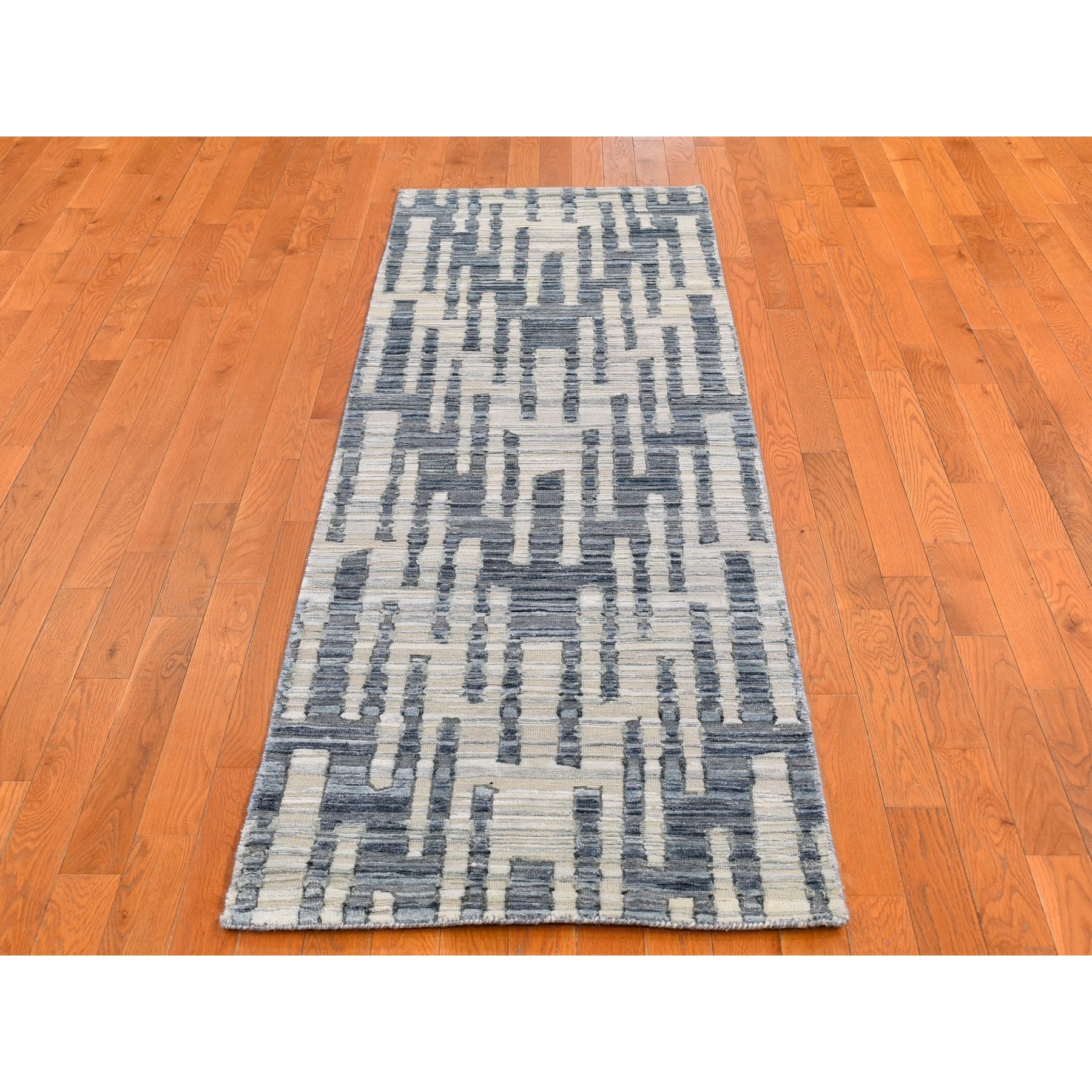2'6"x8'3" Blue Pure Silk and Textured Wool Wide Runner Zigzag with Graph Design Hand Woven Oriental Rug 