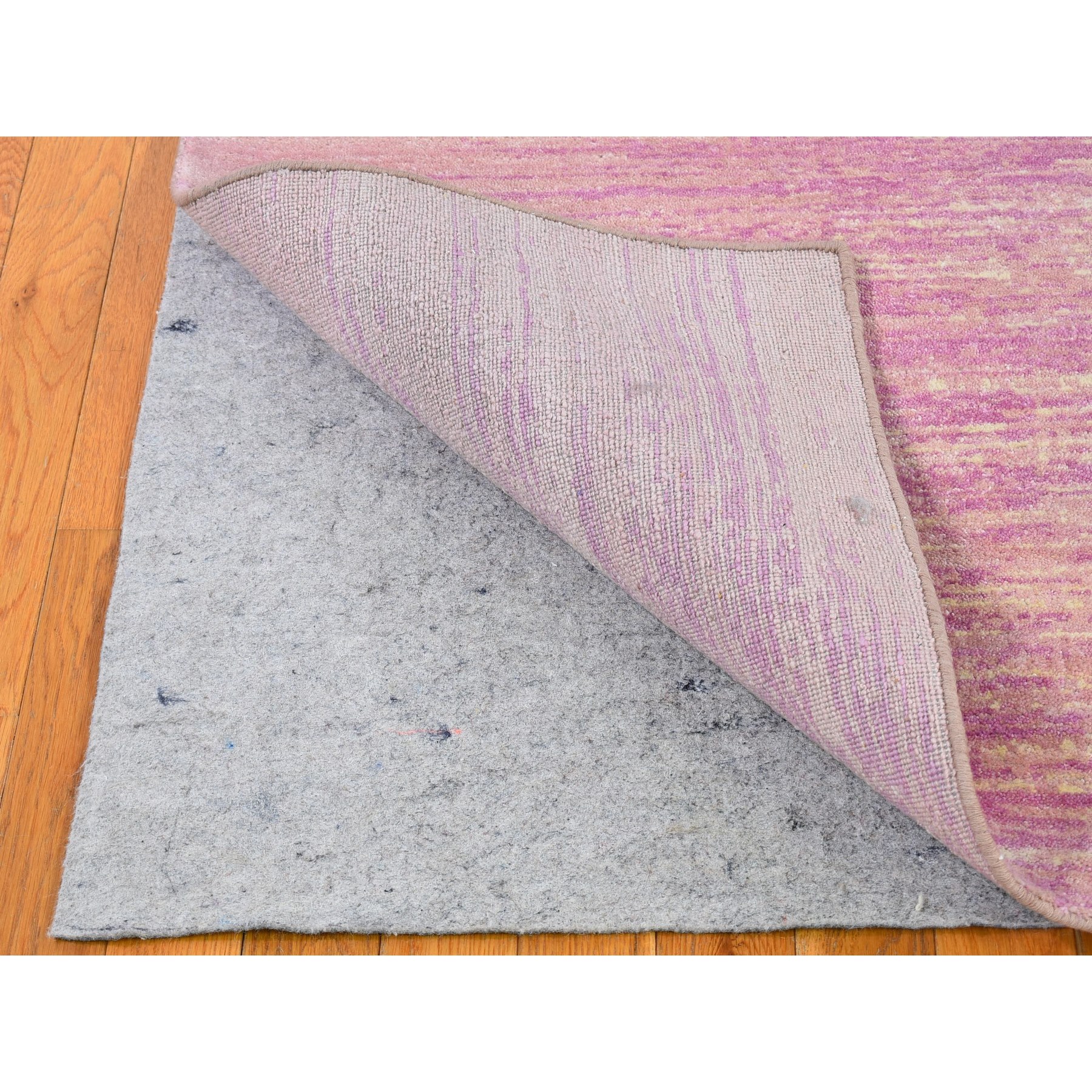 6'1"x9'2" Pink Zero Pile Organic Wool Only Horizontal Ombre Design Hand Woven Oriental Rug 