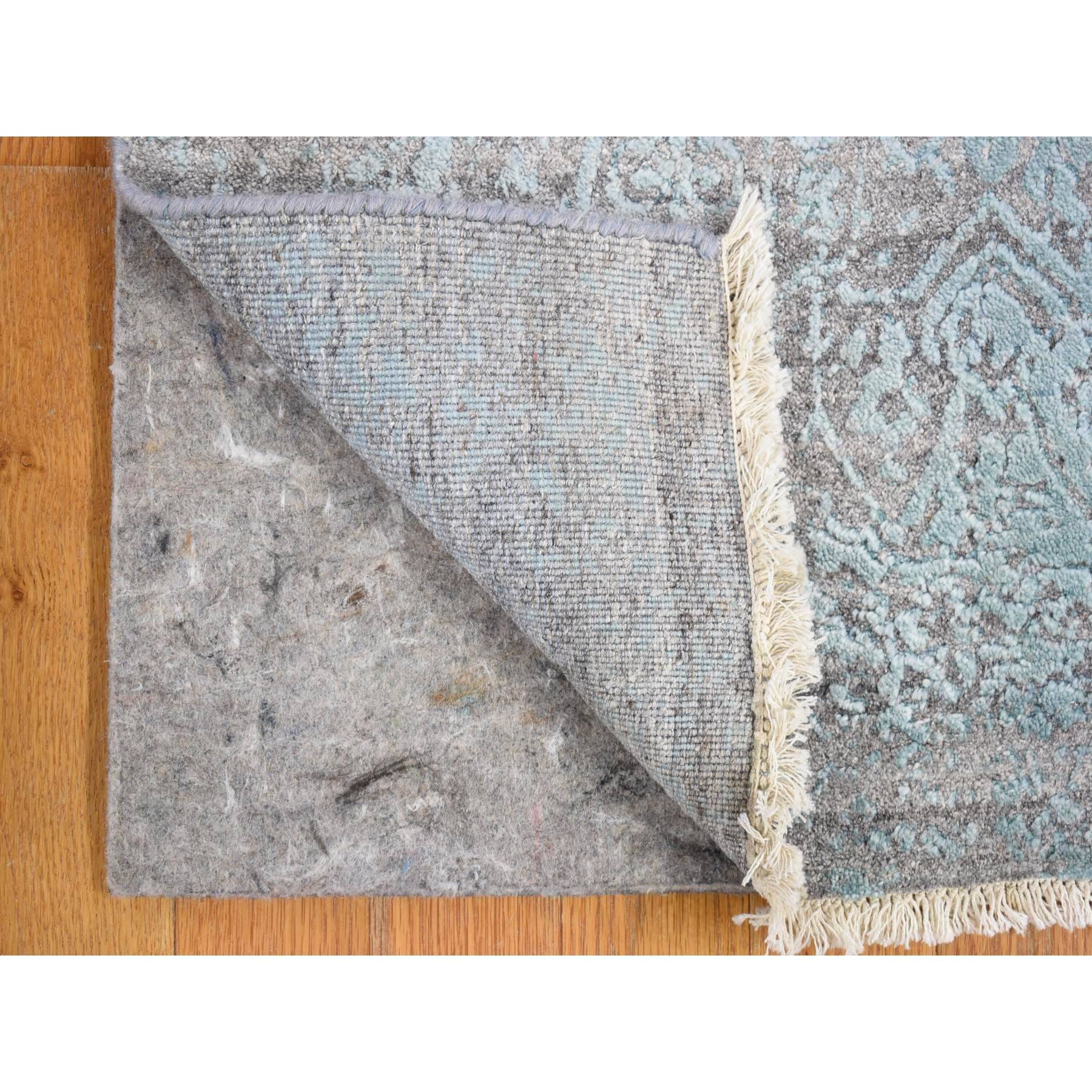 2'7"x14' Seafoam Green Wool and Pure Silk Hand Woven Broken Persian Design Oriental XL Runner Rug 