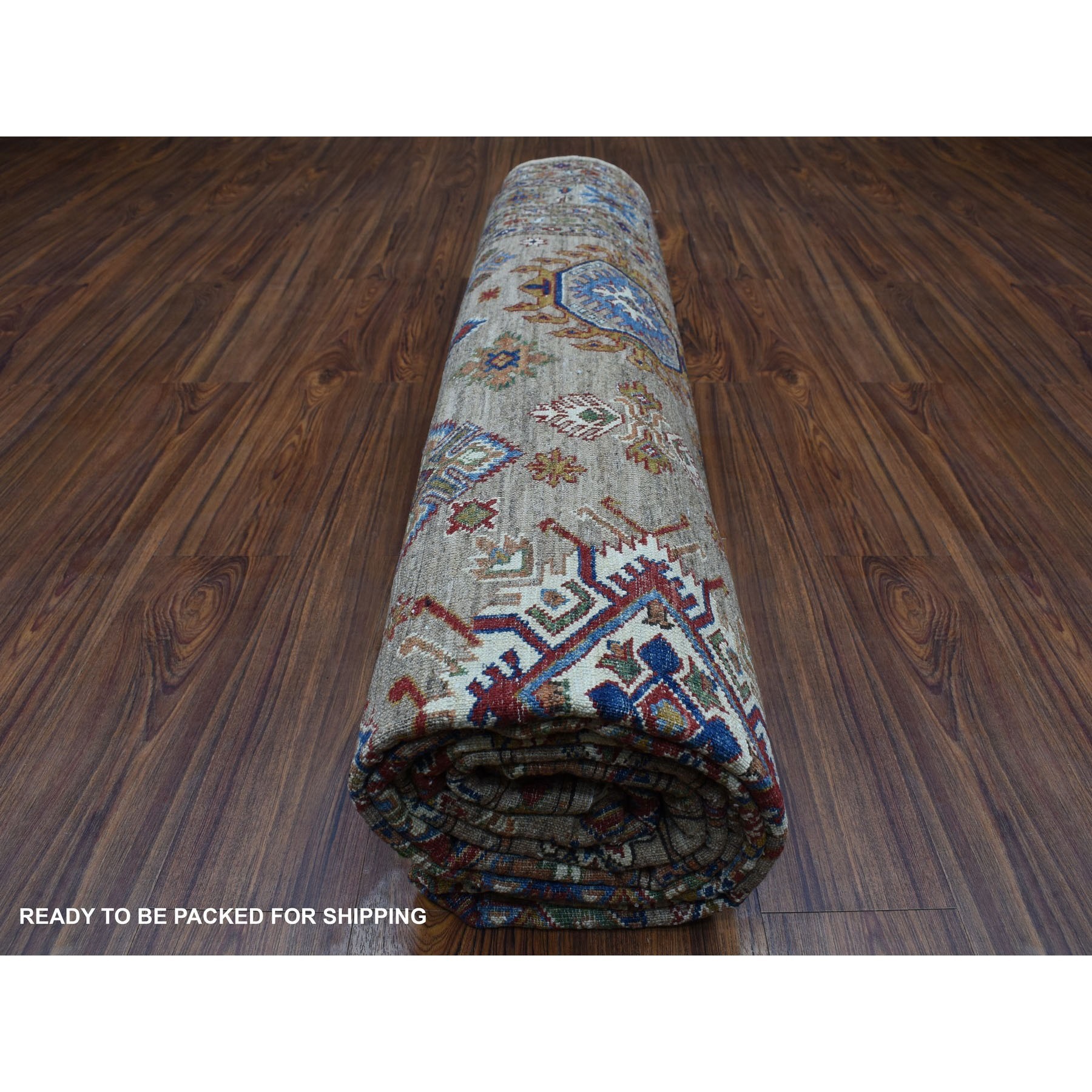9'x11'9" Hand Woven Beige Super Kazak with Geometric Design Extra Soft Wool Oriental Rug 
