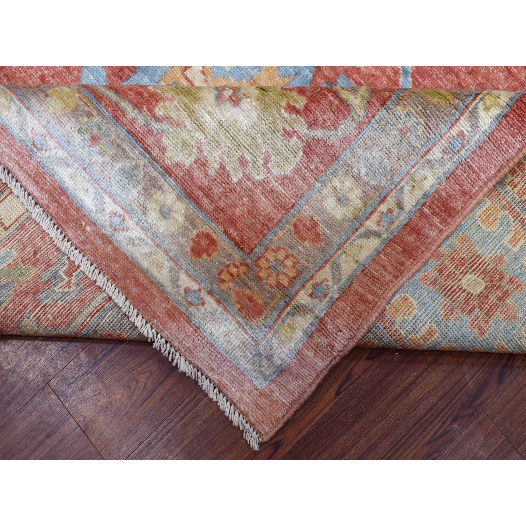 11'10"x14'3" Coral Red with Touches of Blue and Green Afghan Angora Oushak, All Over Leaf Design, Soft Wool Hand Woven Oriental Oversized Rug 