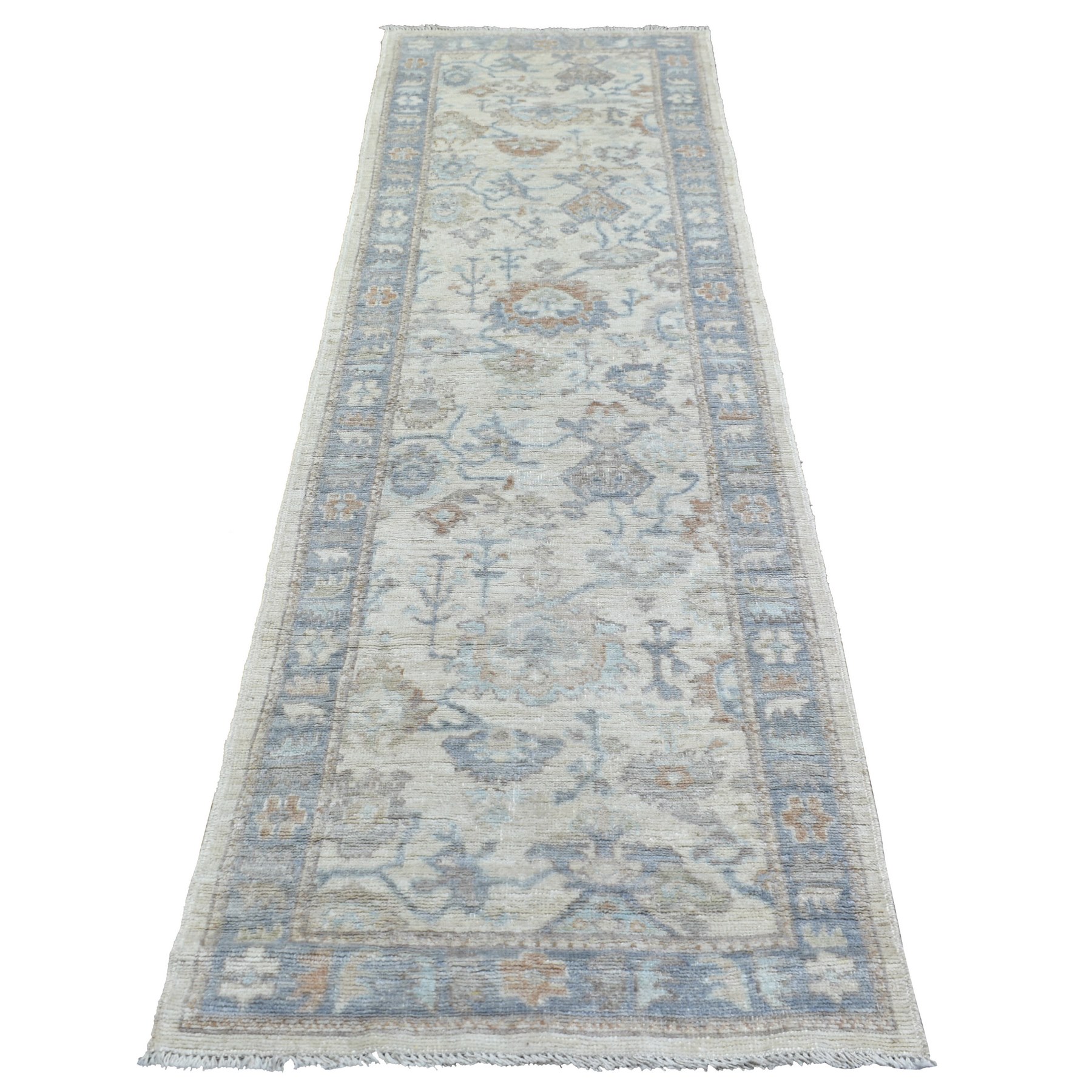 2'10"x9'5" Ivory Natural Dyes Angora Oushak With Colorful Leaf Design, Afghan Wool Hand Woven Runner Oriental Rug 