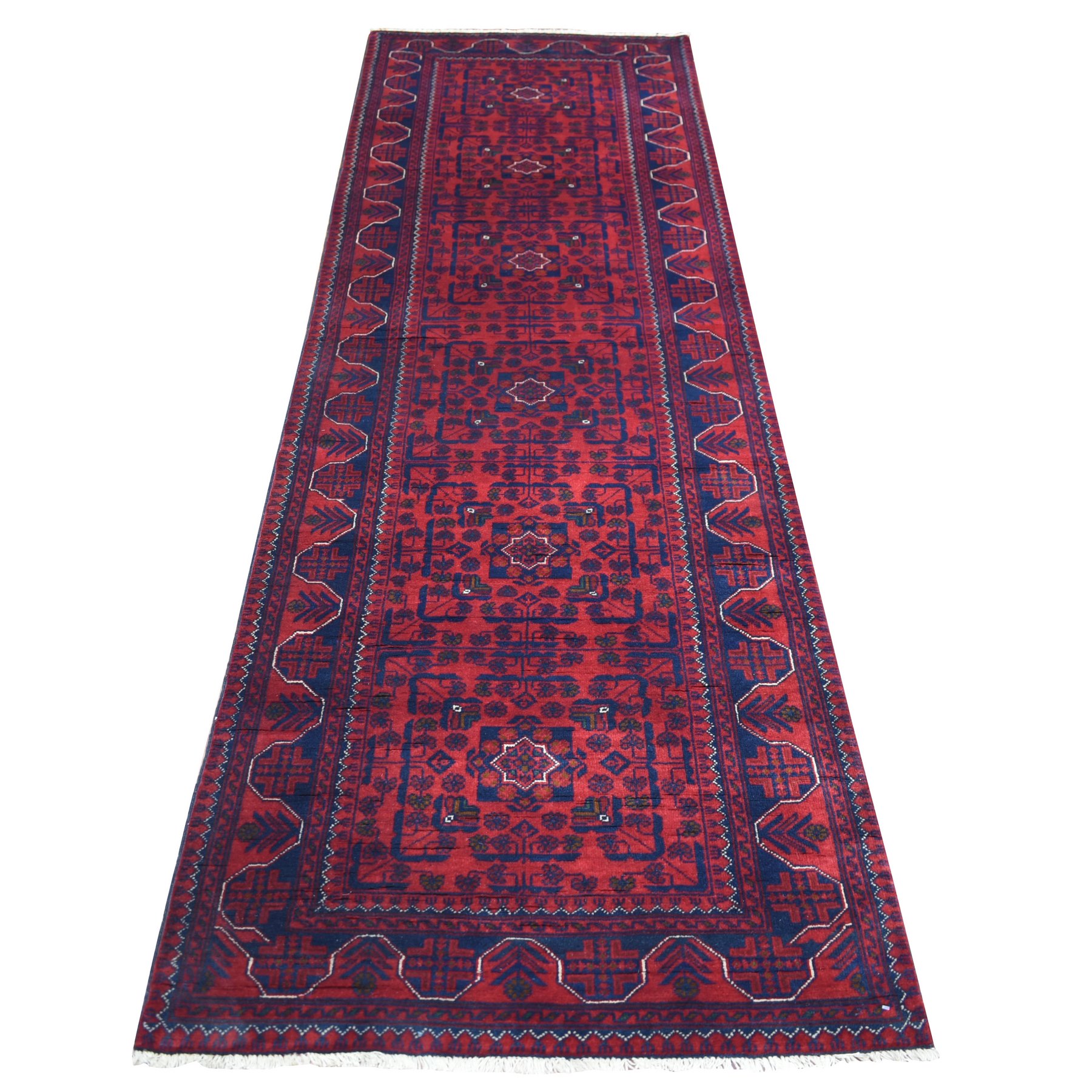 2'10"x9'4" Deep and Saturated Red With Geometric Design Hand Woven Afghan Khamyab, Velvety Wool Runner Oriental Rug 