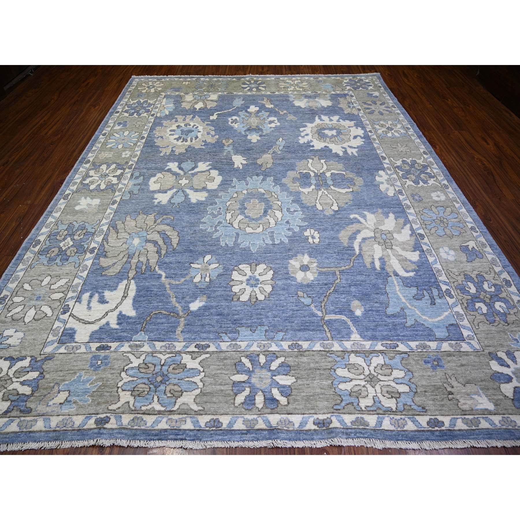 9'3"x11'7" Steel Blue, Afghan Angora Oushak with Large Motifs Natural Dyes, Natural Wool Hand Woven, Oriental Rug 