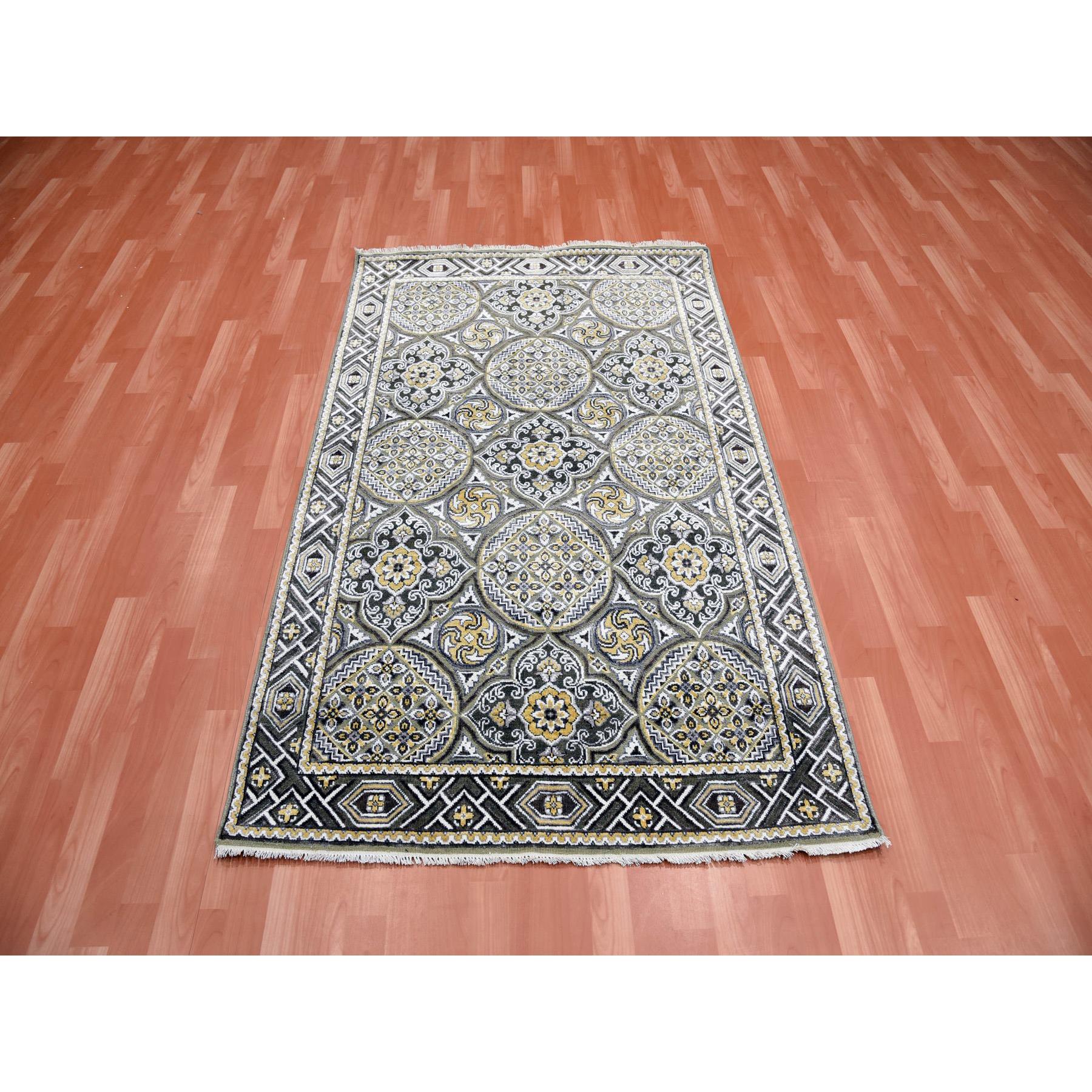 4'x6'2" Taupe-Brown Mughal Inspired Medallions Design Textured Wool and Silk Hand Woven Oriental Rug 