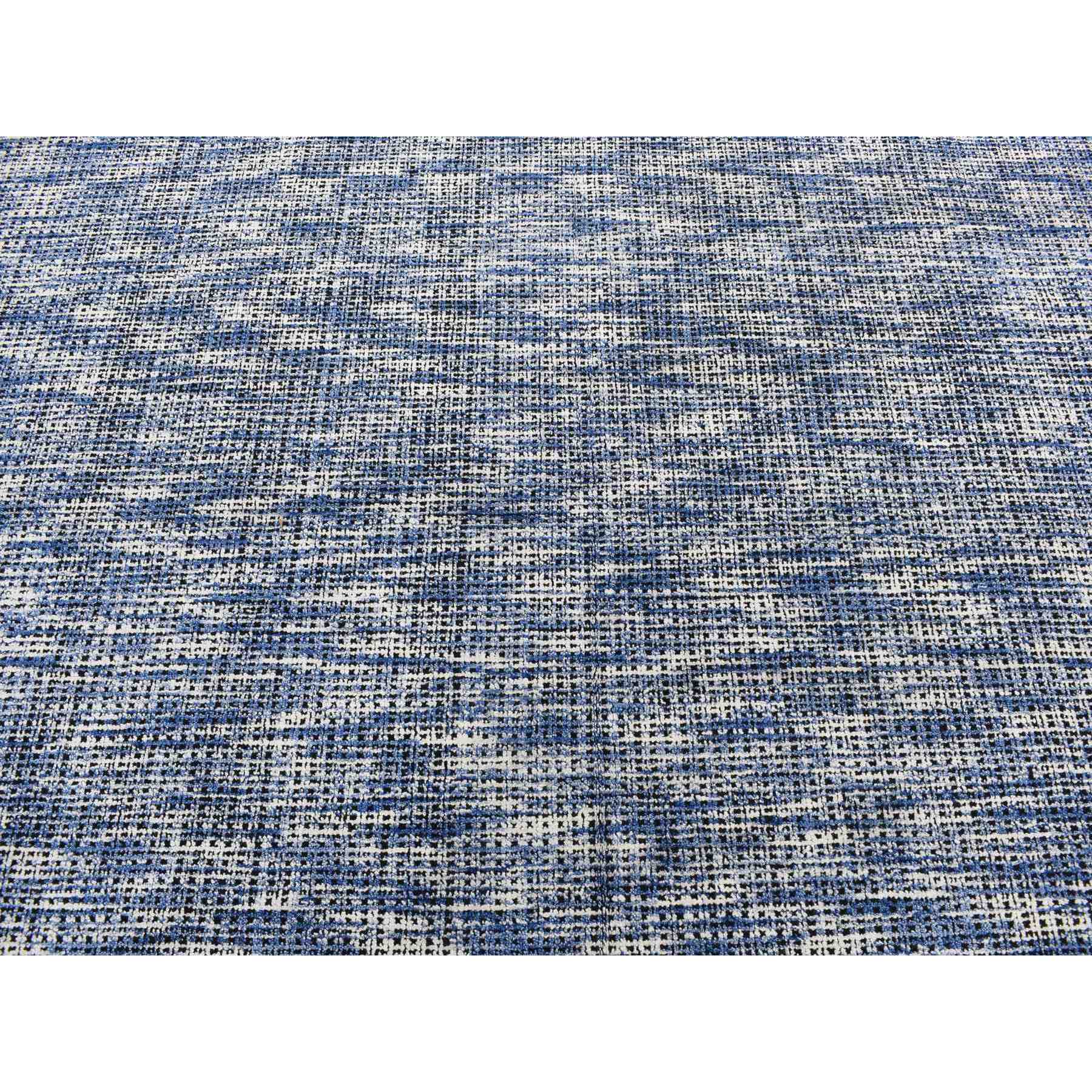 9'2"x12' Steel Blue, Modern Fence Design, Wool and Art Silk, Tone on Tone, Hand Loomed, Oriental Rug 