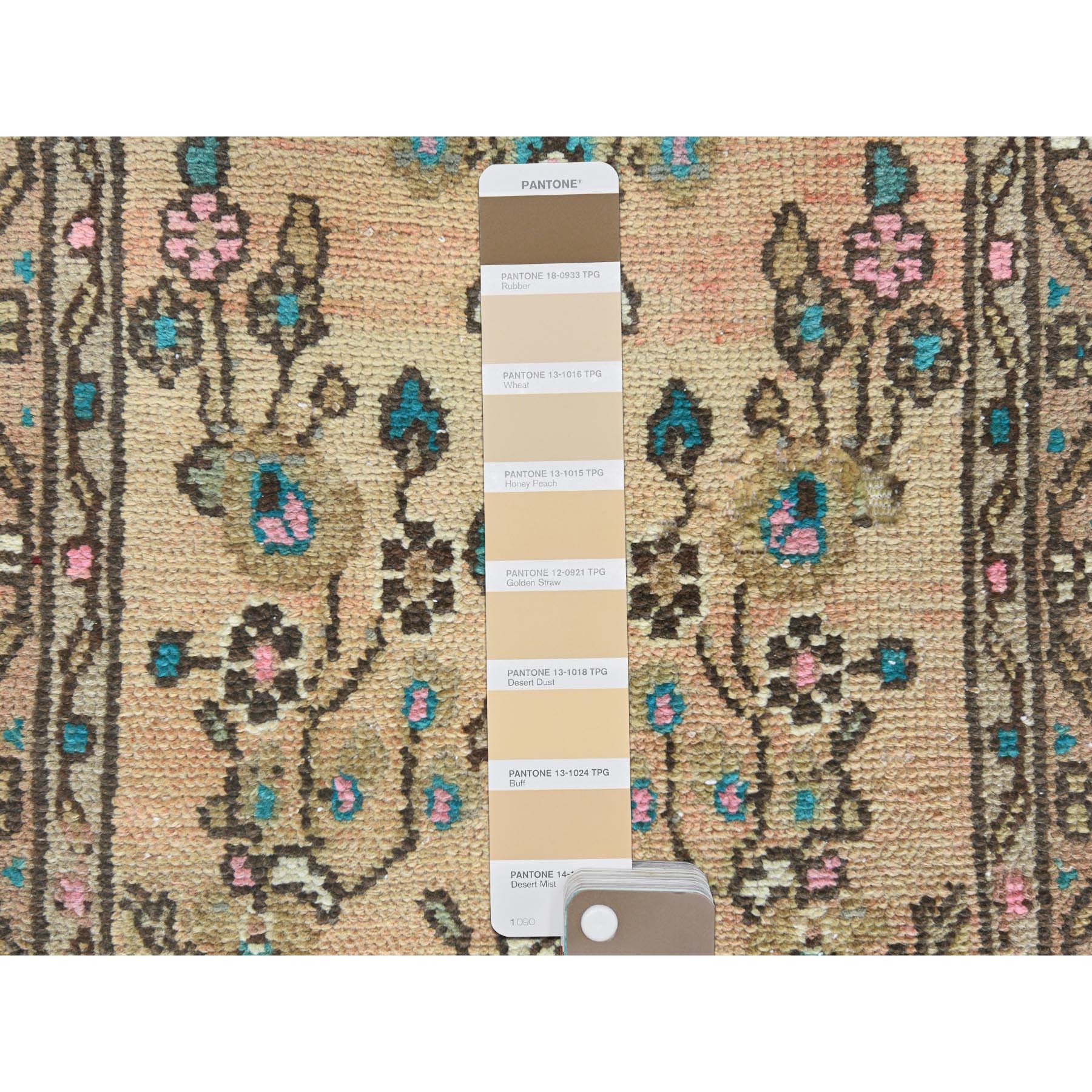 2'1"x8'9" Apricot Color Shades Vintage Persian Bibikabad with All Over Design, Hand Woven, Pure Wool, Distressed Look, Cropped Thin Narrow Runner Oriental Rug 