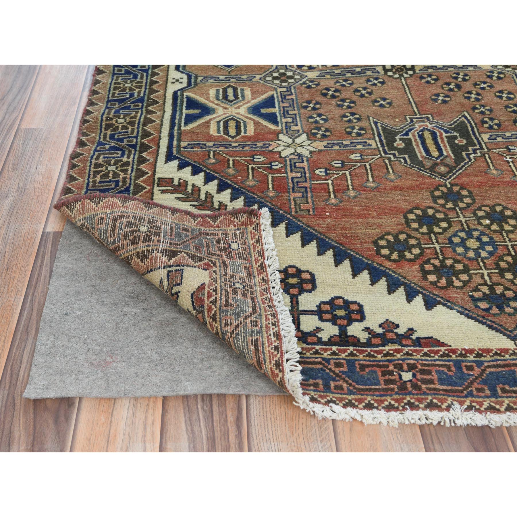 4'x10' Mocha Brown with a Mix of Red Vintage Persian Heriz, Hand Woven, Abrash, Distressed Look, Cropped Thin, Pure Wool Wide Runner Oriental Rug 