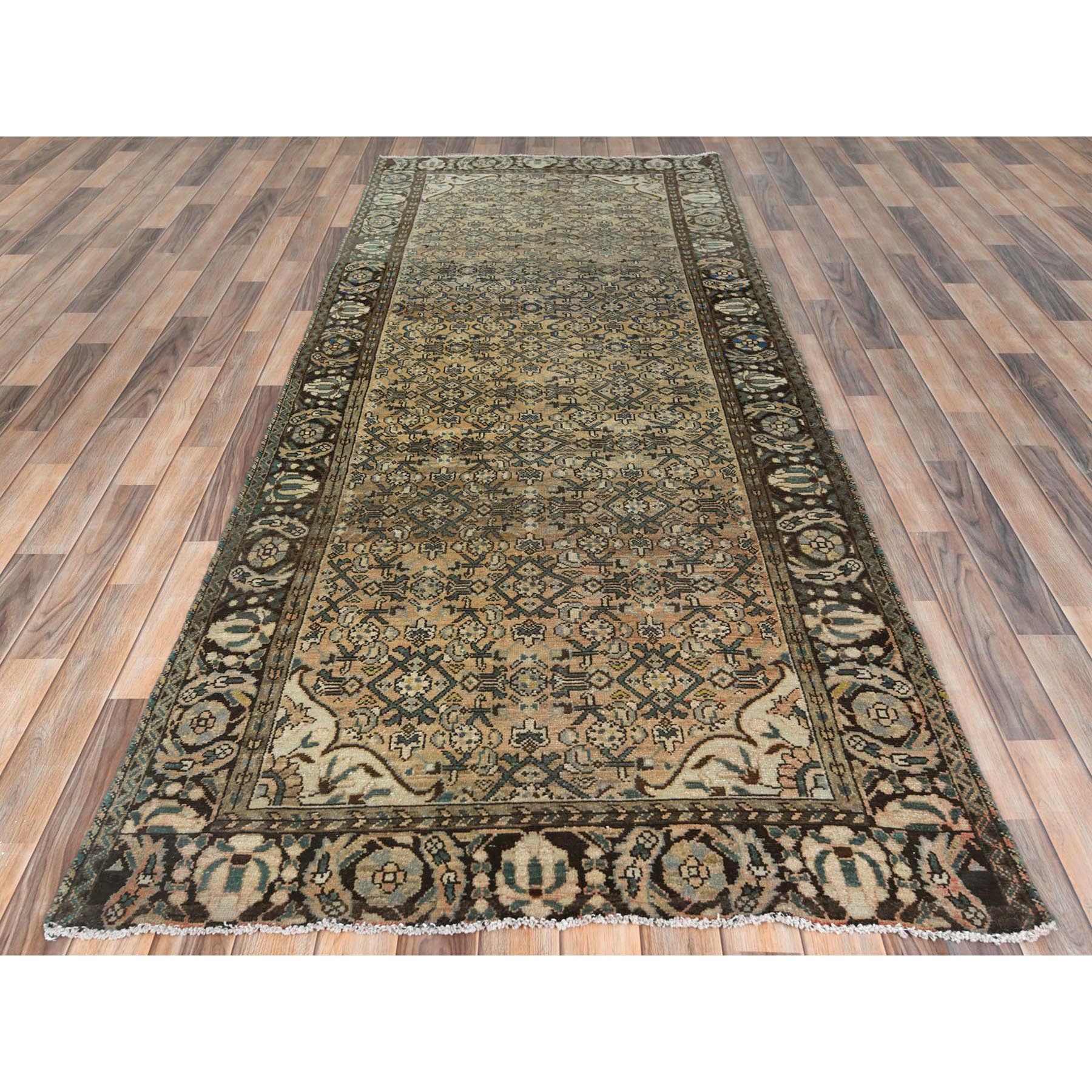 4'x9'9" Light Brown, Fish Mahi All Over Design Vintage Persian Hamadan with Abrash, Hand Woven, Worn Down, Distressed Look, Pure Wool Wide Runner Oriental Rug 