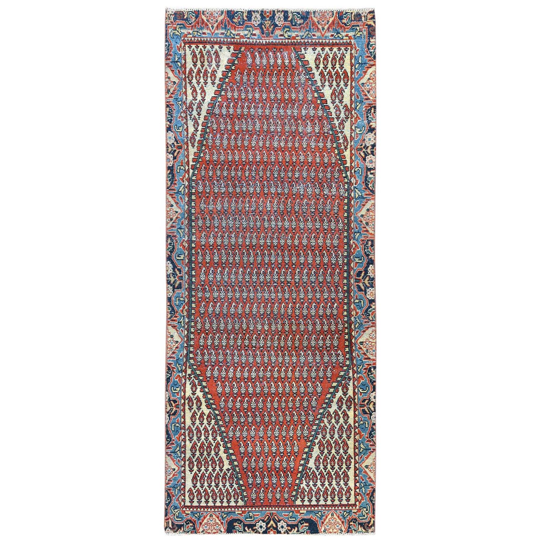 3'7"x9'3" Tomato Red, Pure Wool, Vintage Persian Serab with Small Repetitive Boteh Design, Hand Woven, Worn Down, Distressed Look, Wide Runner Oriental Rug 
