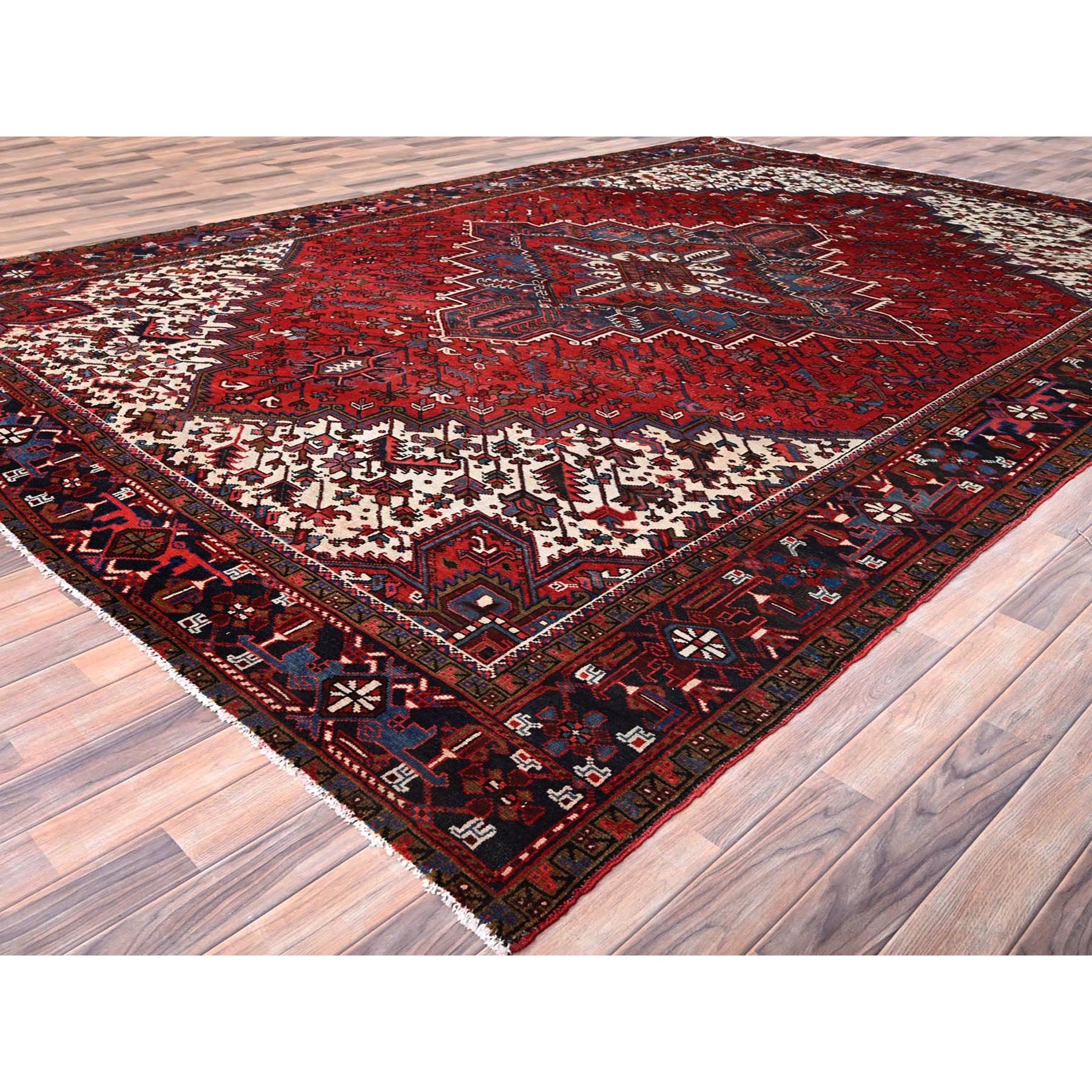 9'9"x13'3" Imperial Red, Semi Antique Persian Heriz, Good Condition, Distressed Look, Pure Wool, Hand Woven, Oriental Rug 