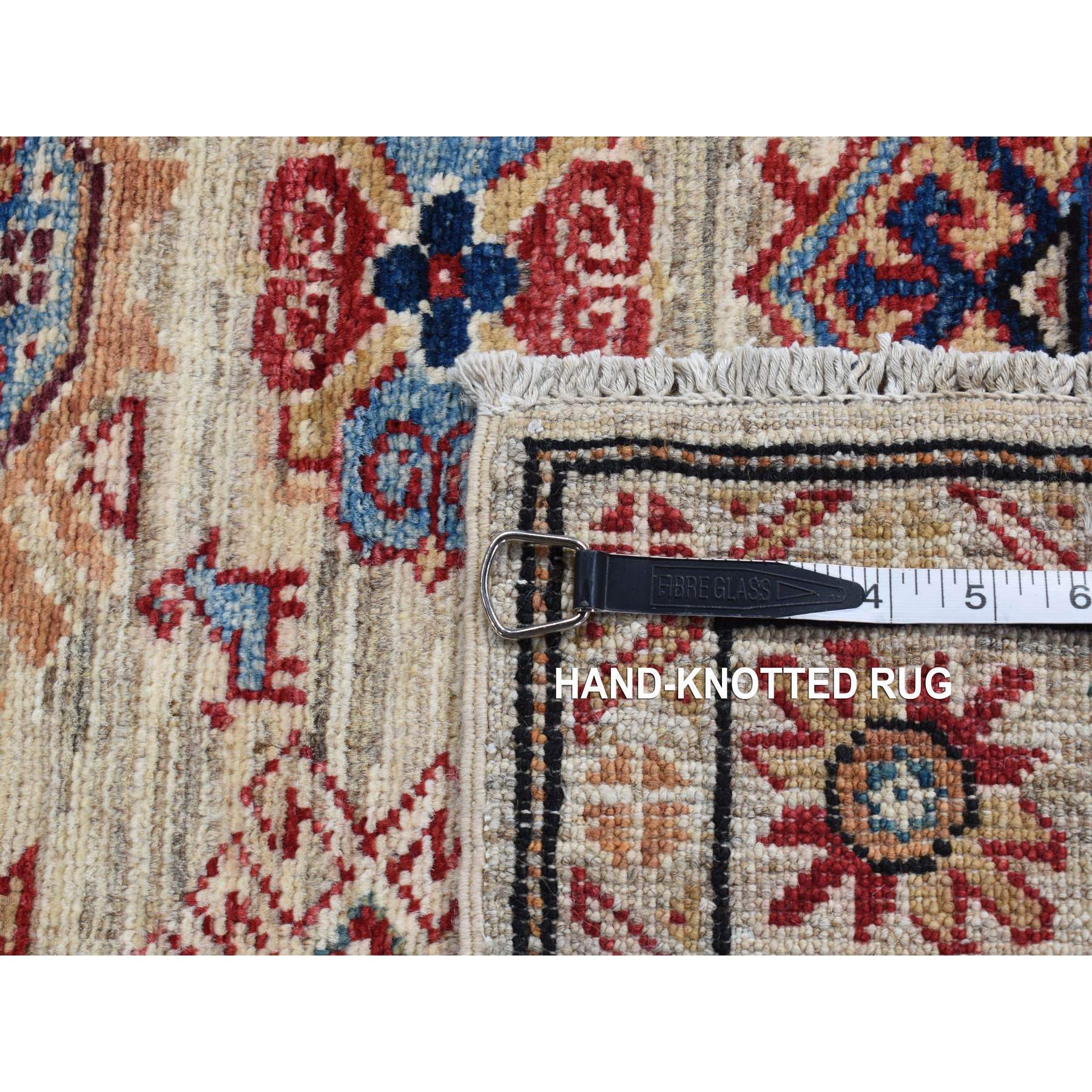2'8"x8' Bone White, Afghan Super Kazak with Tribal Motif, Hand Woven, Pure Wool, Runner, Oriental Rug 