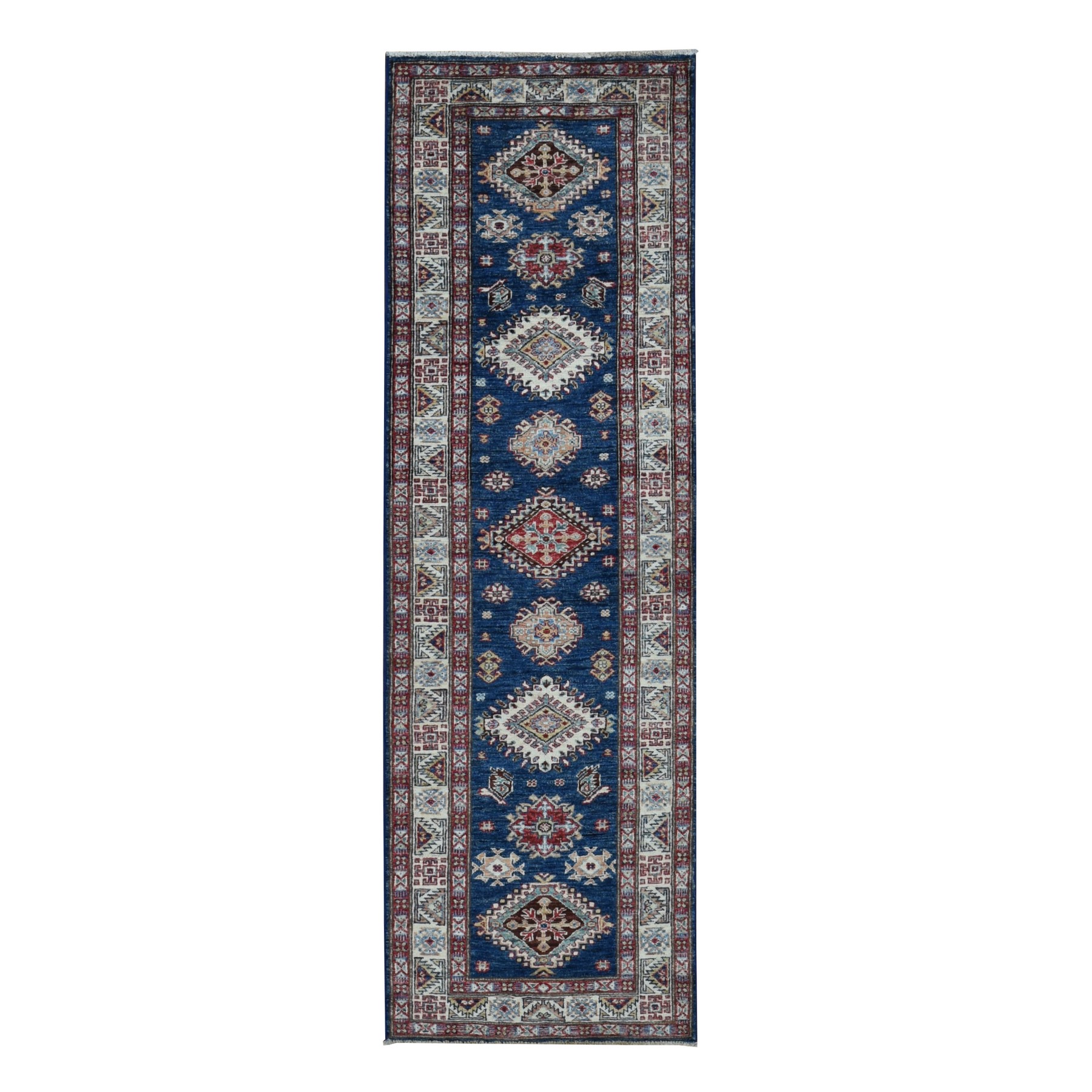 2'8x8' Berry Blue, Afghan Super Kazak with Geometric Medallion Design, Hand  Woven, Pure Wool, Runner, Oriental Rug