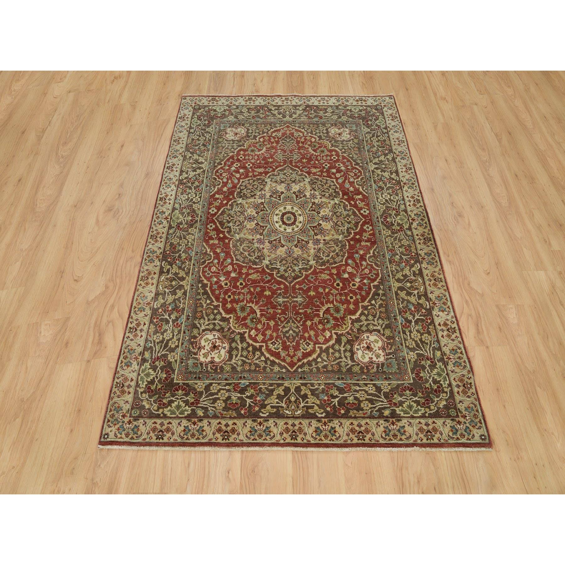 5'x7' Currant Red with Grayish Brown Corners, Soft Pile, Pure Wool Hand Woven, Antiqued Tabriz Haji Jalili Design, Natural Dyes, Dense Weave, Oriental Rug 