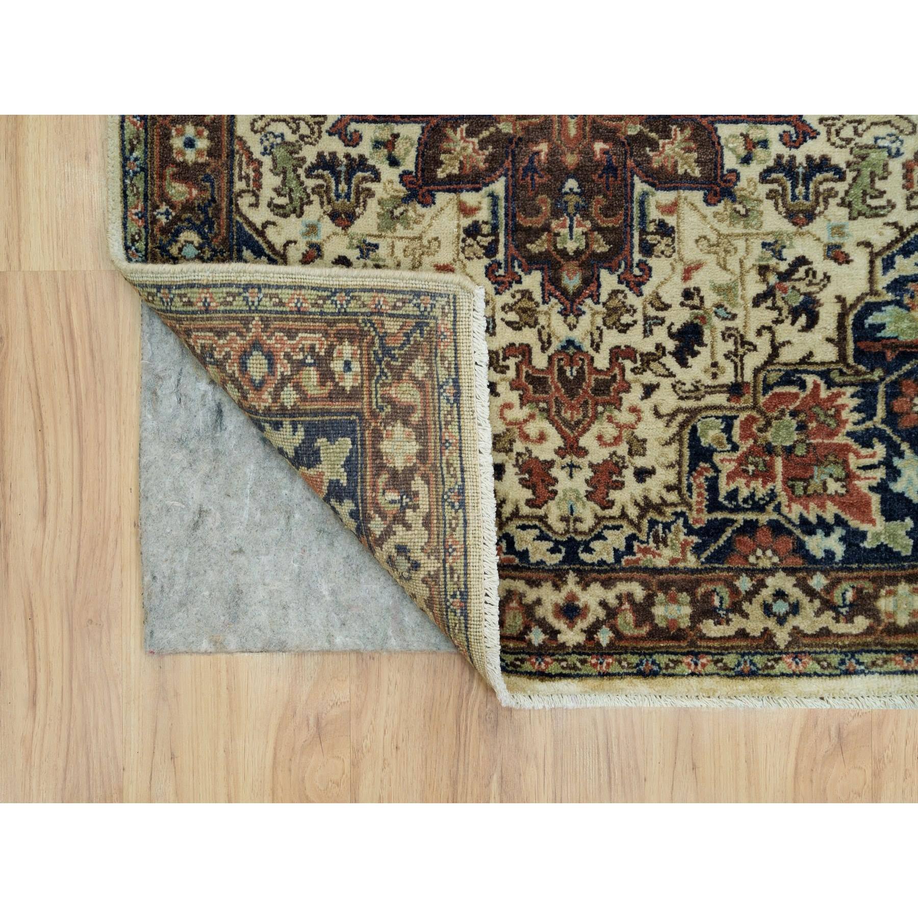2'8"x12'3" Cosmic Latte Beige, Vegetable Dyes, Antiqued Heriz Re-Creation with Geometric Medallions, Extra Soft Wool, Soft and Lush Pile, Hand Woven, Runner Oriental Rug 