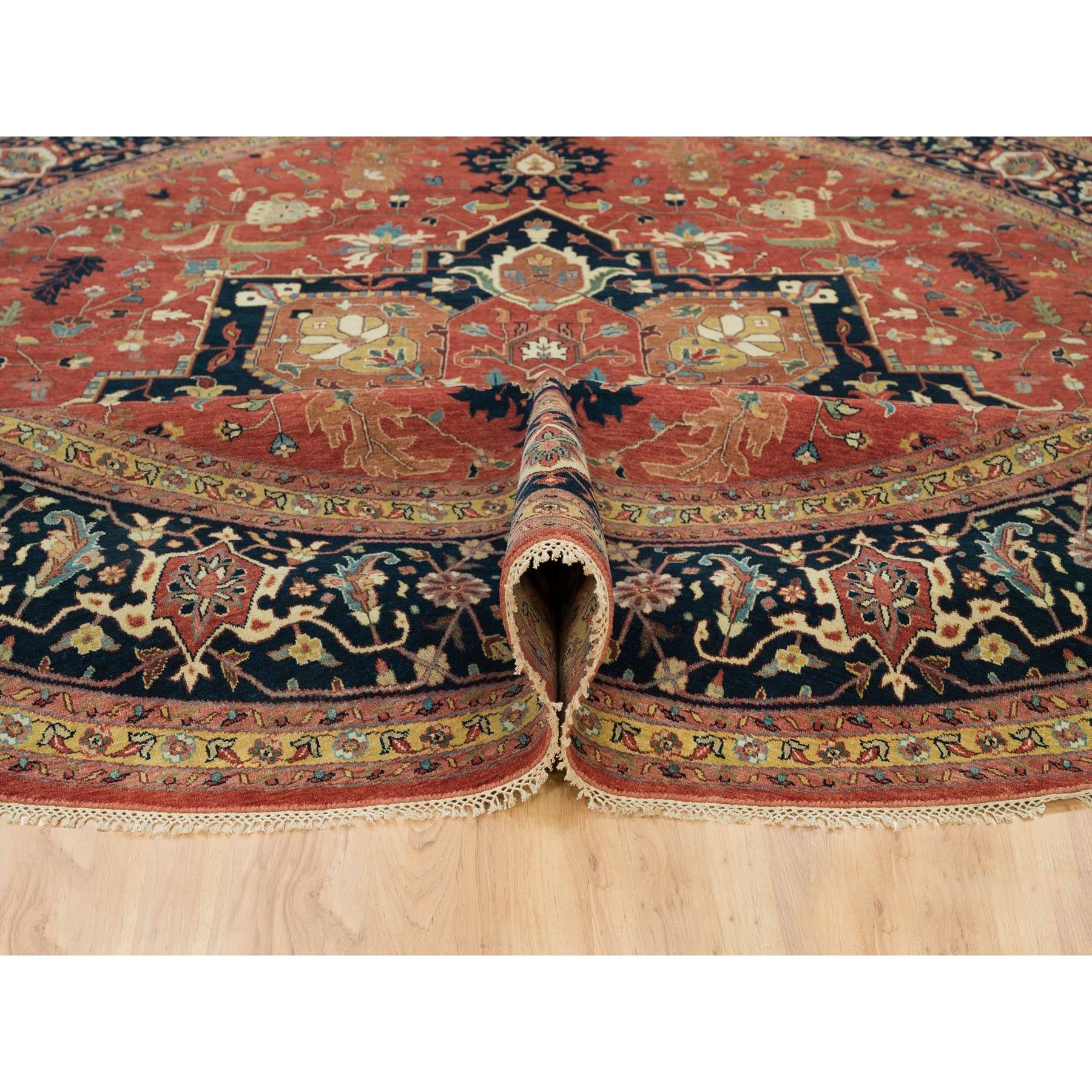 12'x12' Japanese Carmine Red, Soft and Lush, Dense Weave, Hand Woven, Antiqued Fine Heriz Re-Creation, Vegetable Dyes, 100% Wool, Round Oriental Rug 
