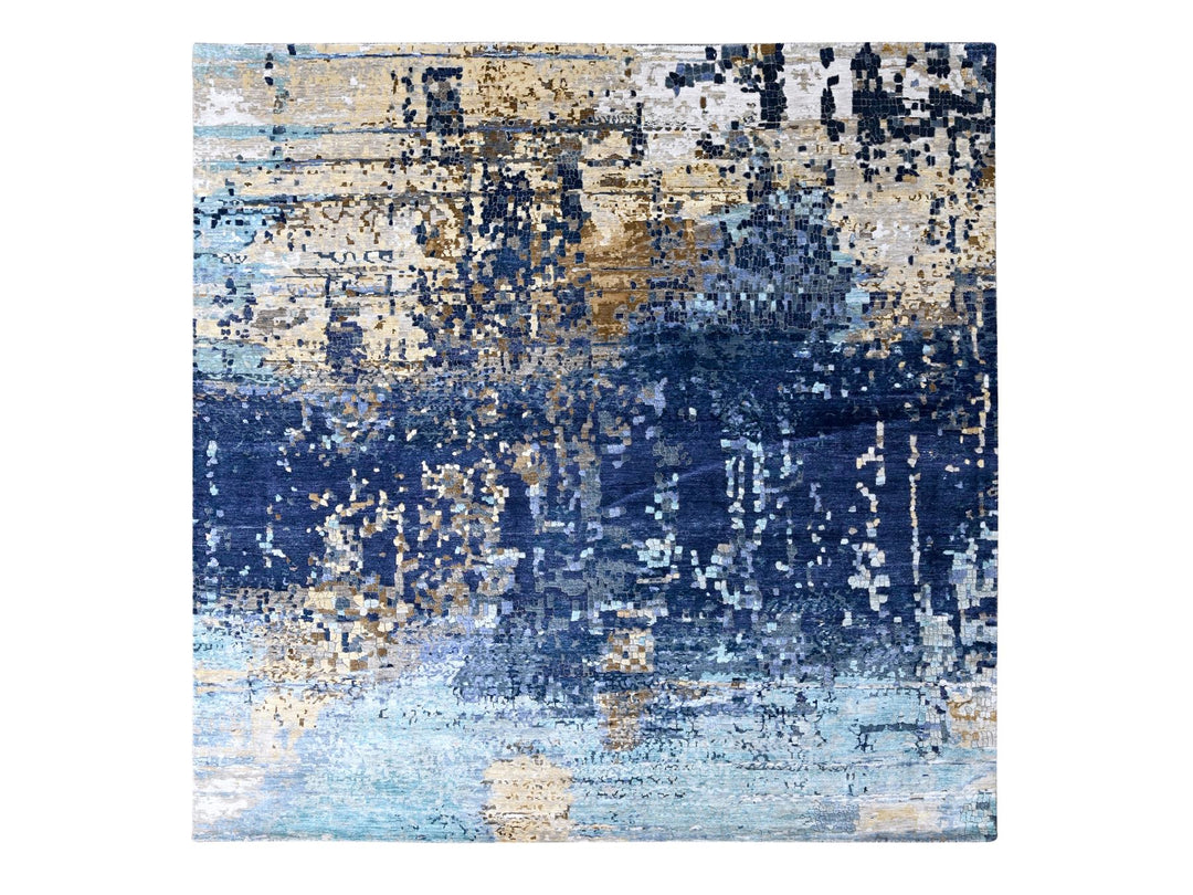 9'9" x 9'10" New Hand Knotted Blue Wool & Silk Square Oriental Rug - MOA10210005