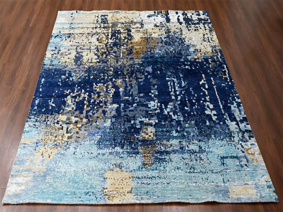 9'9" x 9'10" New Hand Knotted Blue Wool & Silk Square Oriental Rug - MOA10210005