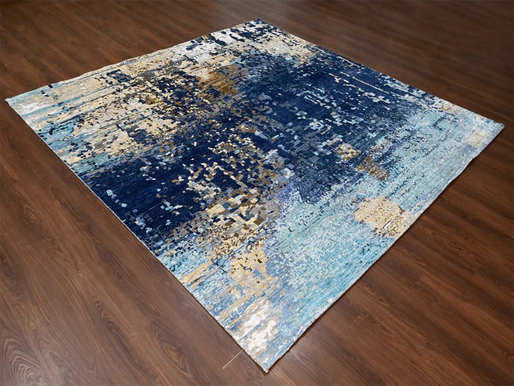9'9" x 9'10" New Hand Knotted Blue Wool & Silk Square Oriental Rug - MOA10210005