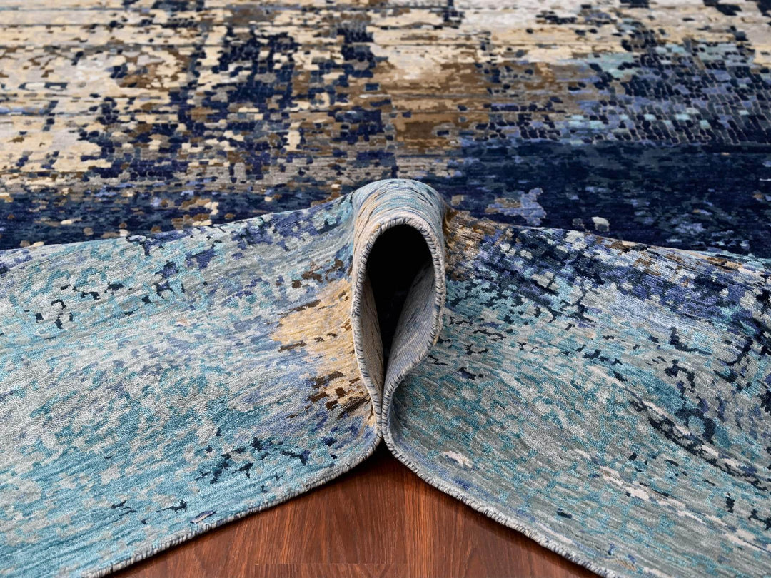 9'9" x 9'10" New Hand Knotted Blue Wool & Silk Square Oriental Rug - MOA10210005