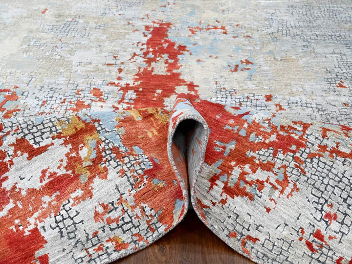 10'0" x 13'10" New Hand Knotted Orange Wool & Silk Rectangle Oriental Rug - MOA10210010