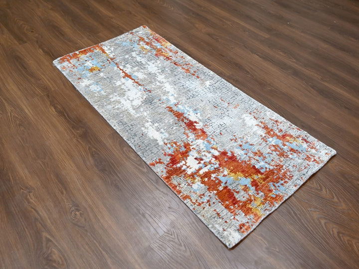 2'7" x 5'8" New Hand Knotted Orange Wool & Silk Runner Oriental Rug - MOA10210011