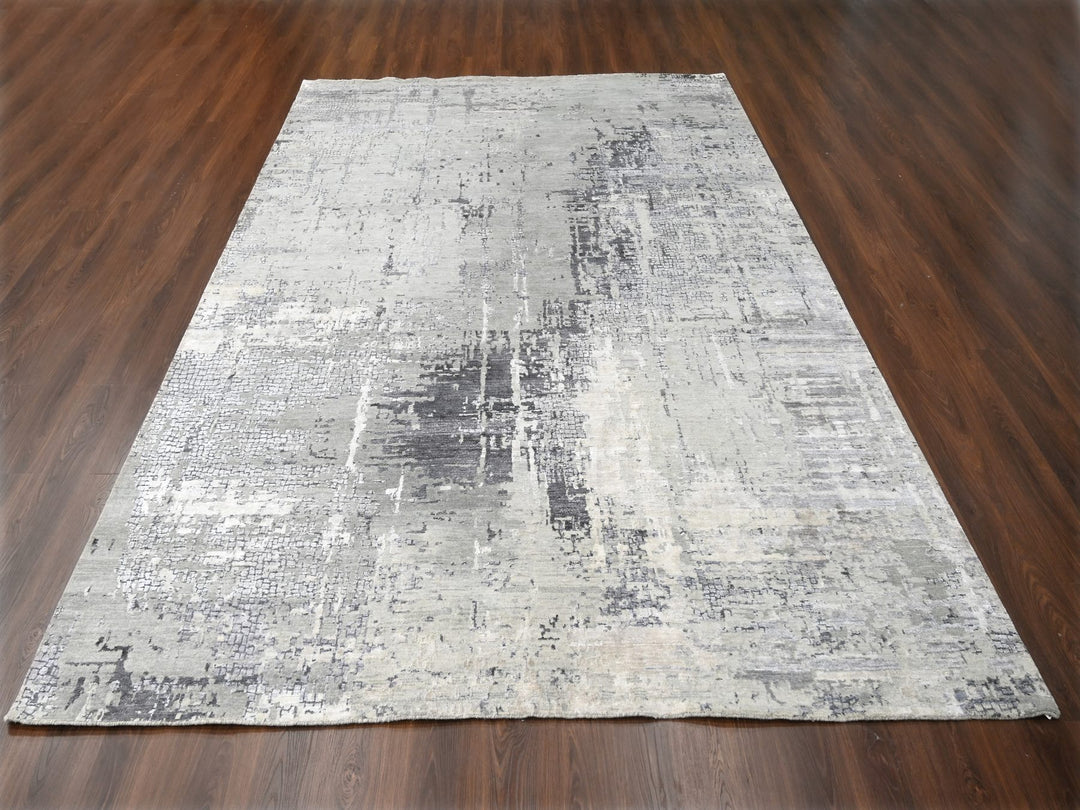 9'1" x 11'10" New Hand Knotted Grey Wool & Silk Rectangle Oriental Rug - MOA10210063
