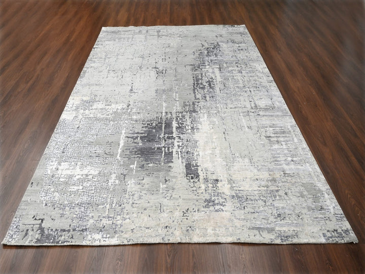 9'1" x 11'10" New Hand Knotted Grey Wool & Silk Rectangle Oriental Rug - MOA10210063