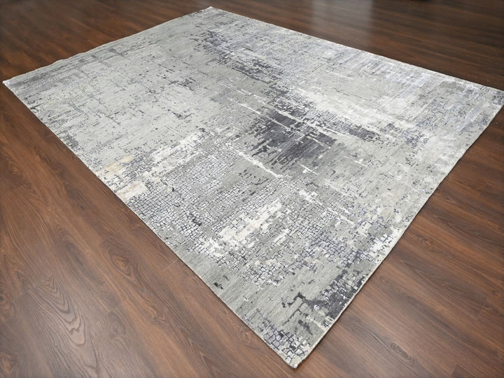 9'1" x 11'10" New Hand Knotted Grey Wool & Silk Rectangle Oriental Rug - MOA10210063