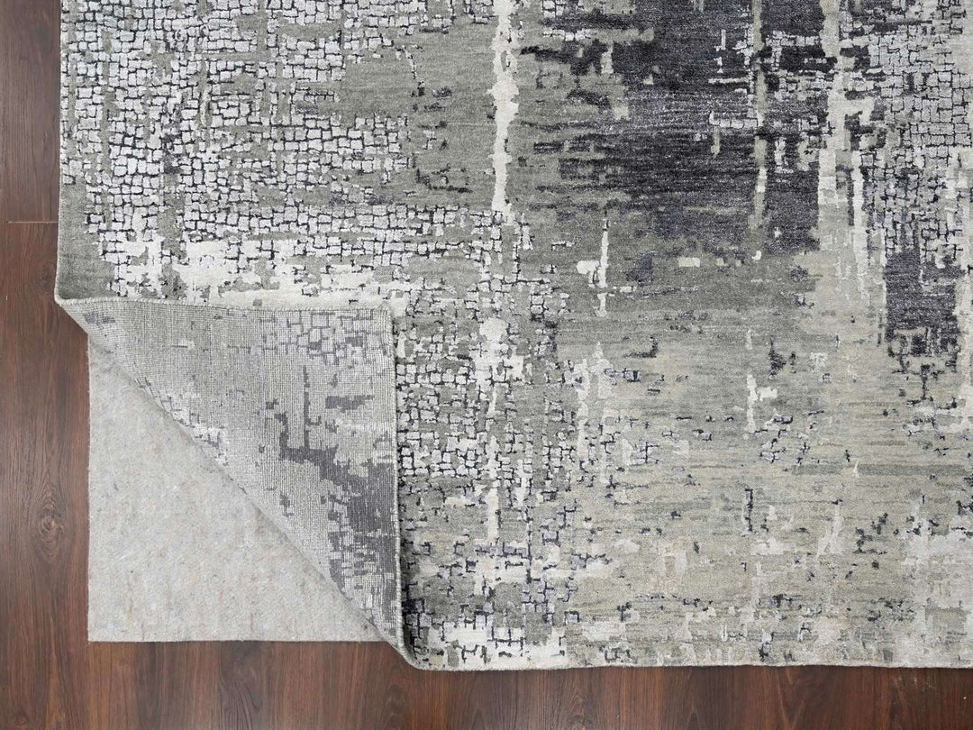 9'1" x 11'10" New Hand Knotted Grey Wool & Silk Rectangle Oriental Rug - MOA10210063