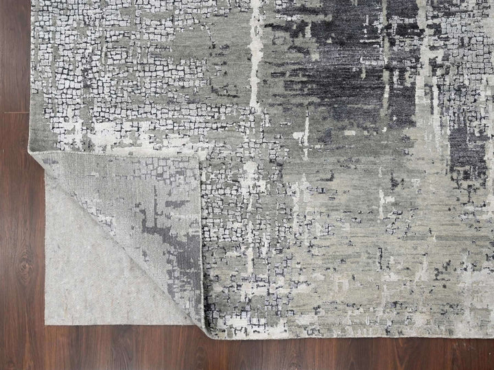 9'1" x 11'10" New Hand Knotted Grey Wool & Silk Rectangle Oriental Rug - MOA10210063