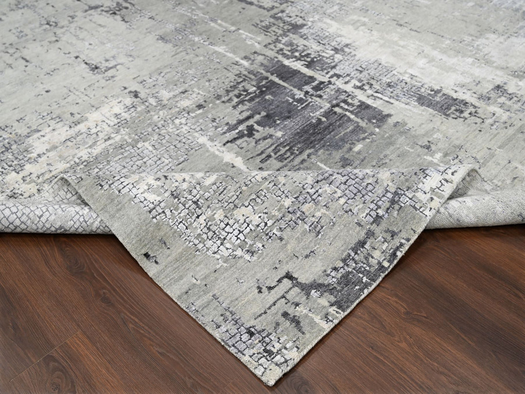 9'1" x 11'10" New Hand Knotted Grey Wool & Silk Rectangle Oriental Rug - MOA10210063