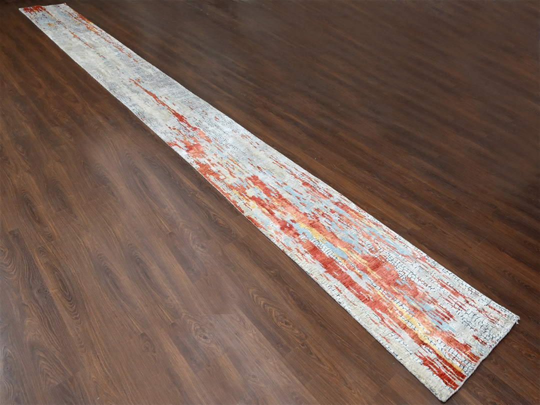 2'5" x 25'8" New Hand Knotted Orange Wool & Silk Runner Oriental Rug - MOA10210064