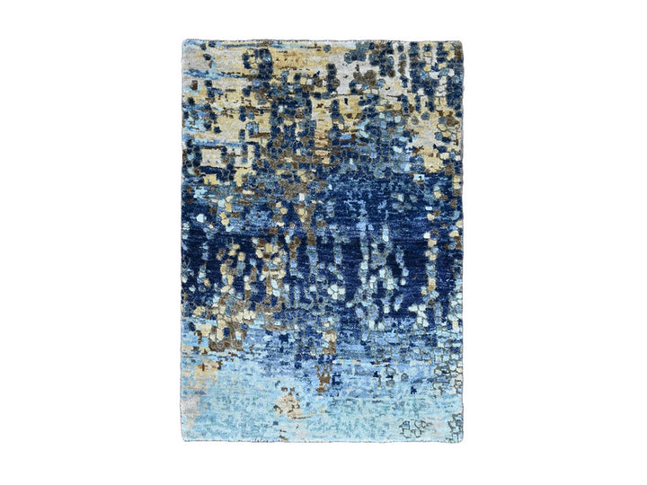 2'0" x 3'0" New Hand Knotted Blue Wool & Silk Rectangle Oriental Rug - MOA10210099