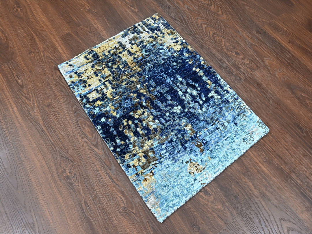 2'0" x 3'0" New Hand Knotted Blue Wool & Silk Rectangle Oriental Rug - MOA10210099