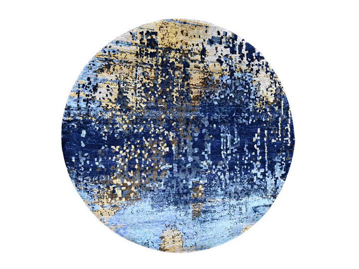 7'9" x 7'9" New Hand Knotted Blue Wool & Silk Round Oriental Rug - MOA10210100
