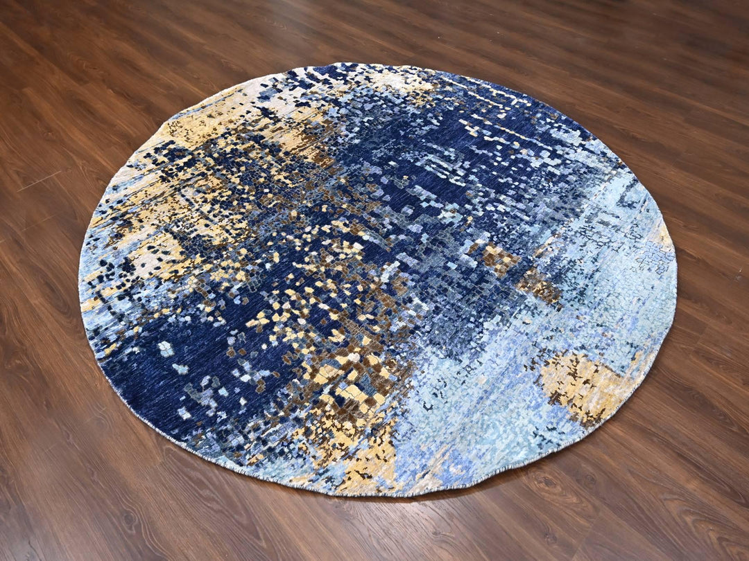 7'9" x 7'9" New Hand Knotted Blue Wool & Silk Round Oriental Rug - MOA10210100